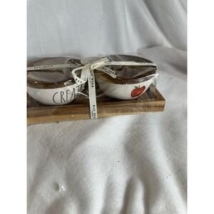 Rae Dunn Ceramic Bowl Set Wood Tray Create Apple Farmhouse Kitchen Decor New